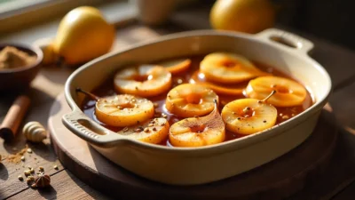 Golden baked pears in a rustic dish with syrup and cinnamon, surrounded by ingredients on a cozy wooden table.