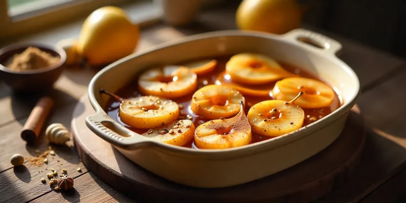 Golden baked pears in a rustic dish with syrup and cinnamon, surrounded by ingredients on a cozy wooden table.