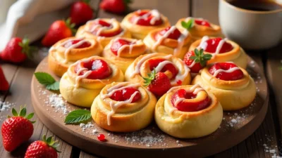 Fresh strawberry cheesecake rolls with cream cheese glaze on a rustic table, decorated with strawberries and mint.