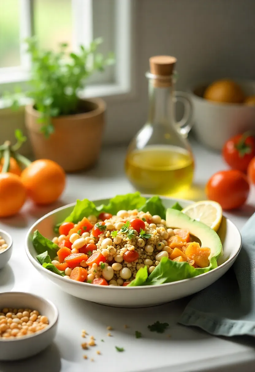 Colorful balanced meal made from healthy convenience foods like grains, beans, fish, and vegetables, showing easy nutritious meal assembly.