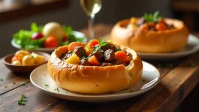 Hearty beef stew in bread bowls with vegetables and herbs on a cozy kitchen table.