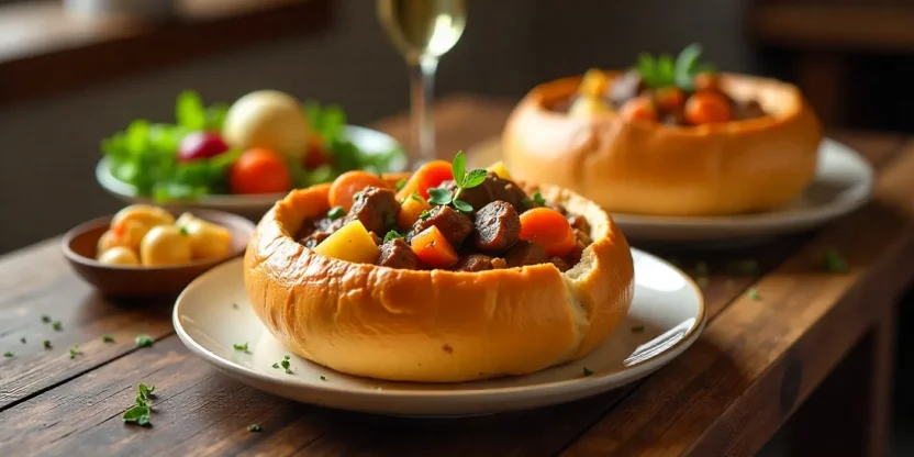 Hearty beef stew in bread bowls with vegetables and herbs on a cozy kitchen table.
