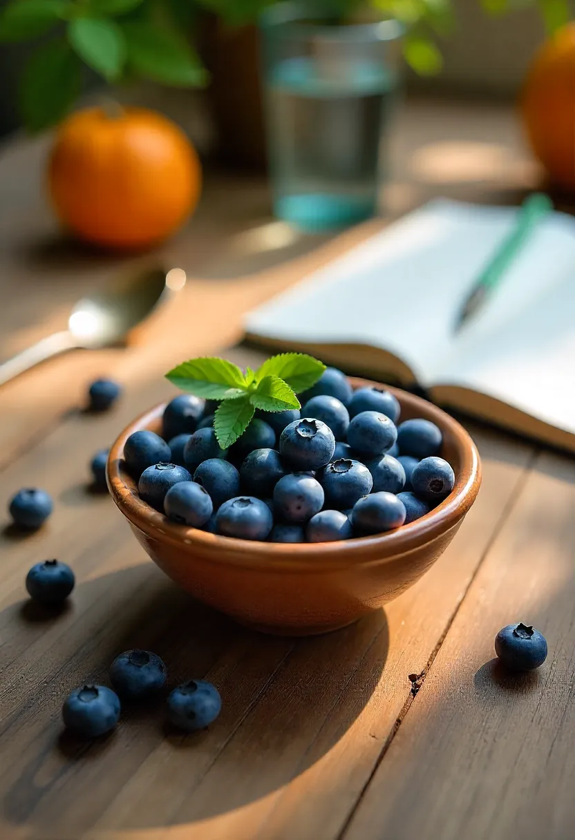 Fresh blueberries in a bowl on a wooden table, symbolizing memory support and brain health.