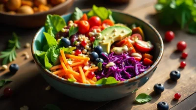 Colorful Rainbow Power Bowl with fresh vegetables, fruits, and dressing.