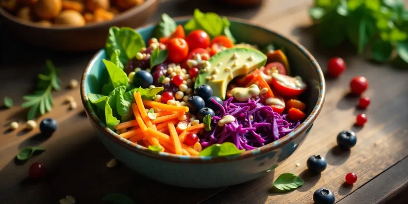 Colorful Rainbow Power Bowl with fresh vegetables, fruits, and dressing.