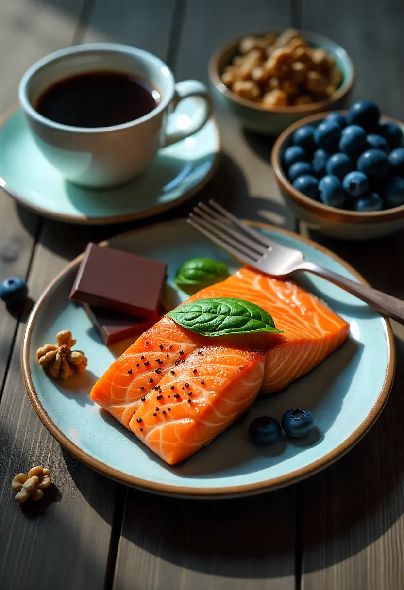 Top brain foods including coffee, dark chocolate, salmon, walnuts, and blueberries arranged together as part of a brain-boosting diet.