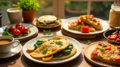 A colorful, healthy breakfast spread with toast, omelet, pancakes, quiche, skillet, and overnight oats on a wooden table.