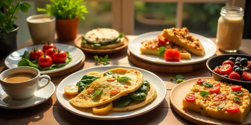 A colorful, healthy breakfast spread with toast, omelet, pancakes, quiche, skillet, and overnight oats on a wooden table.