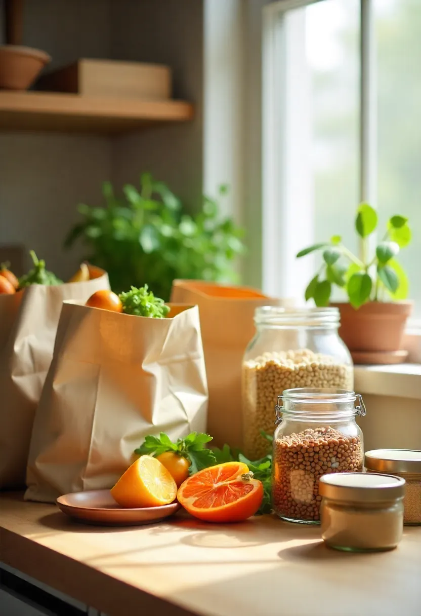 Eco-friendly kitchen scene with reusable bags, glass jars, grains, beans, and fresh produce, symbolizing budget-friendly sustainable eating.