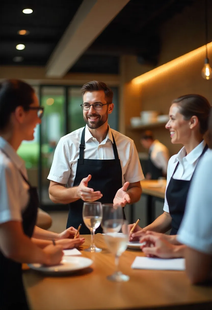 Food and beverage manager holding a team briefing with restaurant staff before service, highlighting teamwork and leadership in hospitality.