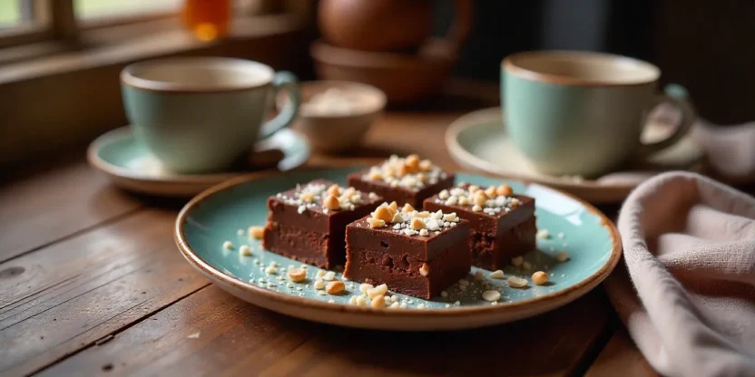 No-bake cacao dessert squares with coconut and nuts on a rustic plate, next to a cup of tea in a cozy kitchen setting.