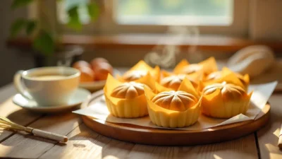 Golden Chinese mini sponge cakes in parchment, with milk tea and baking ingredients on a cozy table.