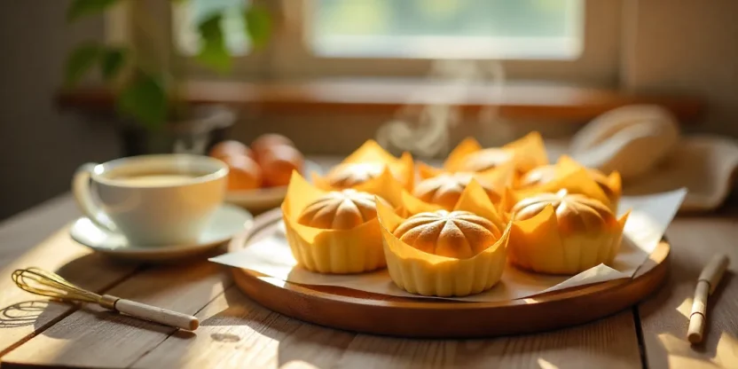Golden Chinese mini sponge cakes in parchment, with milk tea and baking ingredients on a cozy table.