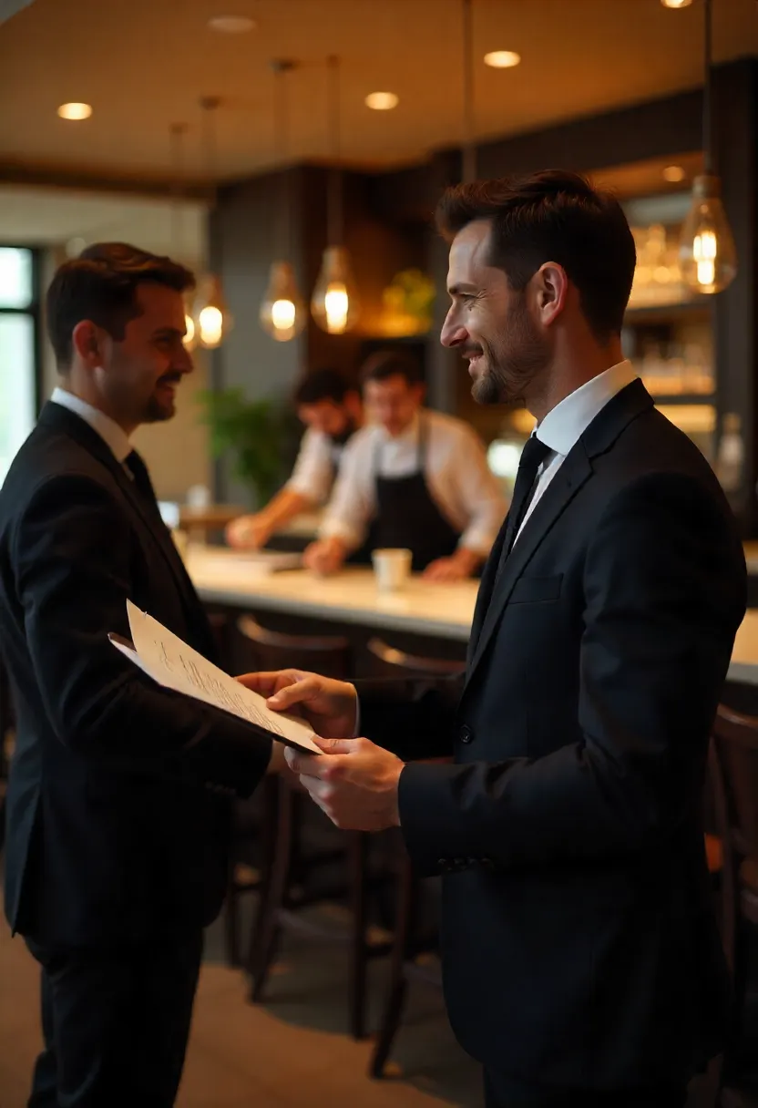 Food and beverage manager shaking hands with a senior leader in a stylish restaurant, symbolizing career growth in hospitality management.