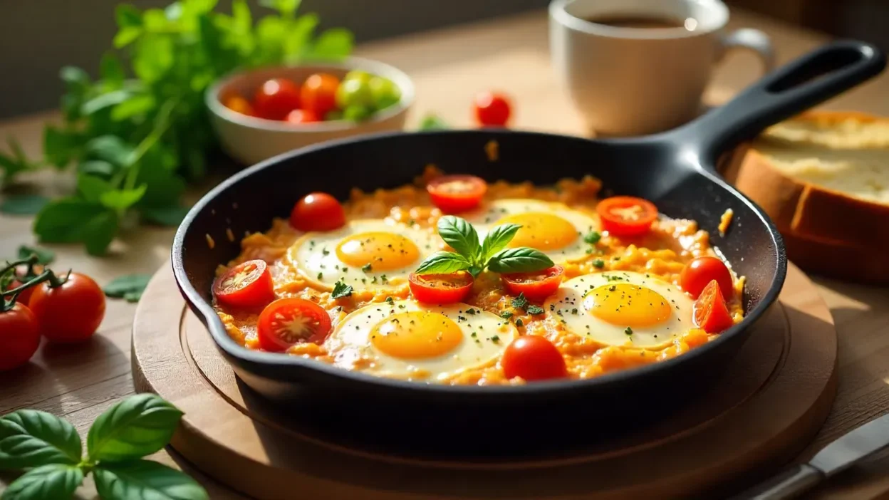 Cheesy tomato scramble with eggs, melted cheese, cherry tomatoes, and herbs on a rustic breakfast table.