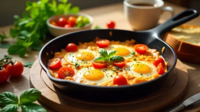 Cheesy tomato scramble with eggs, melted cheese, cherry tomatoes, and herbs on a rustic breakfast table.
