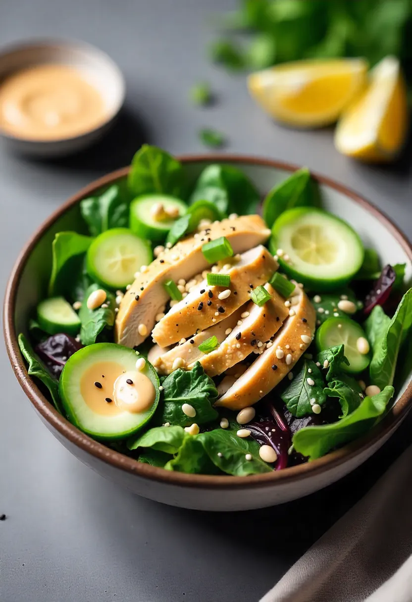 Chicken and greens salad with kale, cabbage, cucumber, scallions, and shredded chicken topped with tahini dressing.
