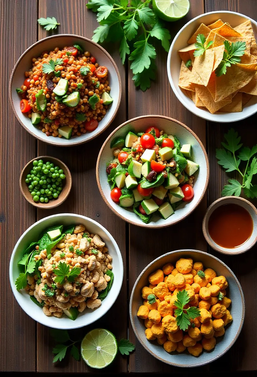 Assorted chicken salad variations — Sichuan, taco, tahini, Mexican, and curry — arranged in bowls on a rustic wooden table with garnishes.
