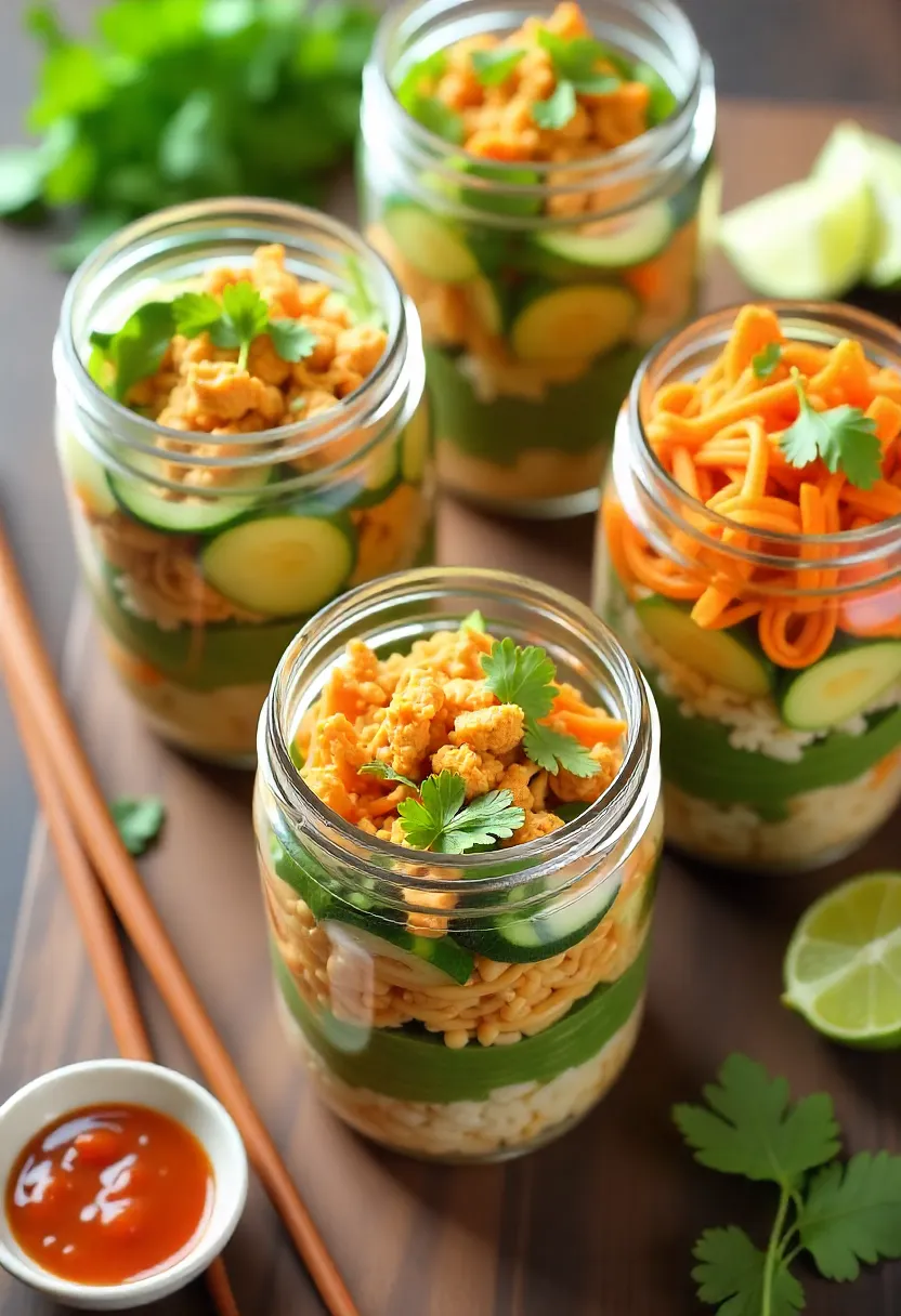 Mason jars filled with chicken spring roll bowls layered with rice noodles, cucumbers, carrots, and herbs, served with lime and dipping sauce.