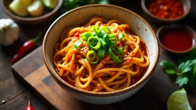 Steaming bowl of spicy chili garlic noodles with green onions and sesame seeds.