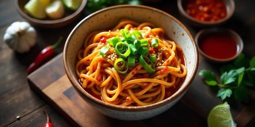Steaming bowl of spicy chili garlic noodles with green onions and sesame seeds.