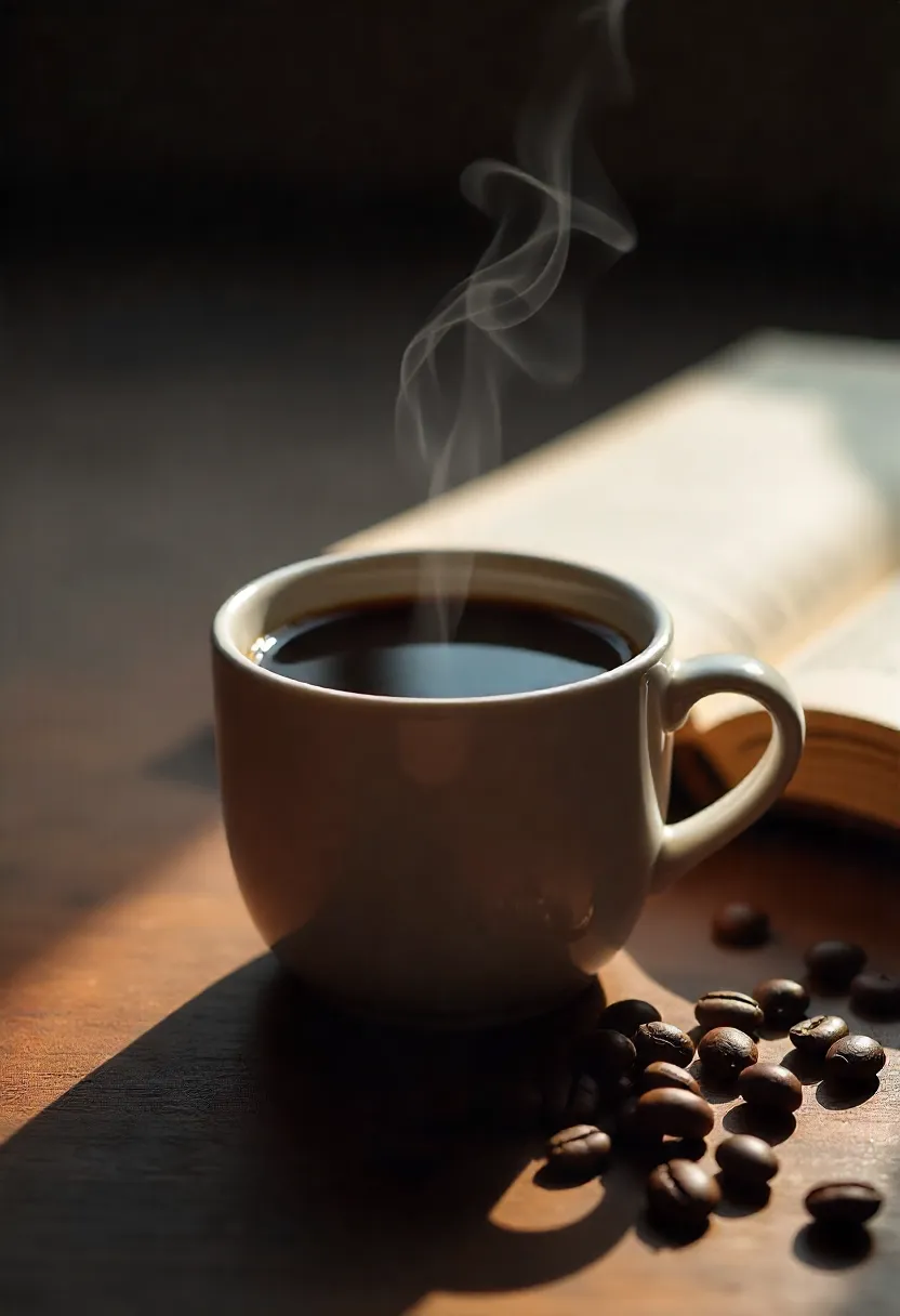 Steaming cup of coffee with coffee beans and a book on a wooden table, symbolizing focus and brain power