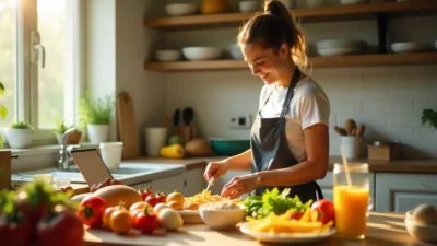 Happy student cooking in a bright kitchen with fresh ingredients and colorful meals.