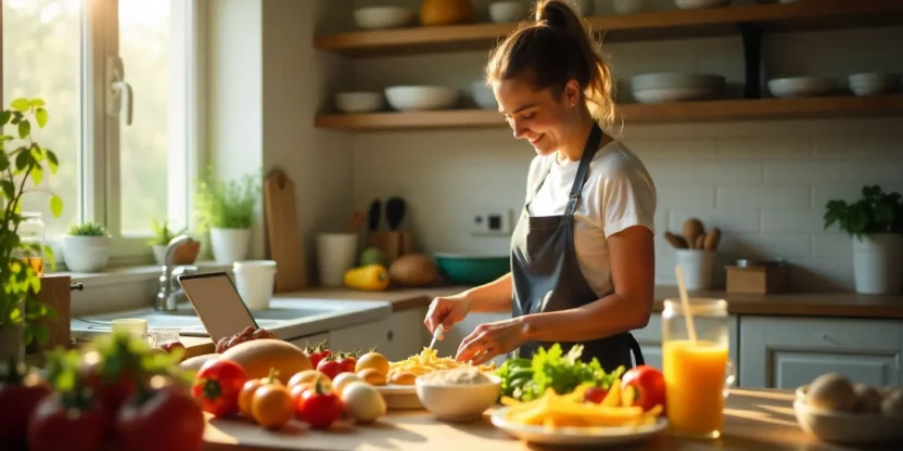 Happy student cooking in a bright kitchen with fresh ingredients and colorful meals.
