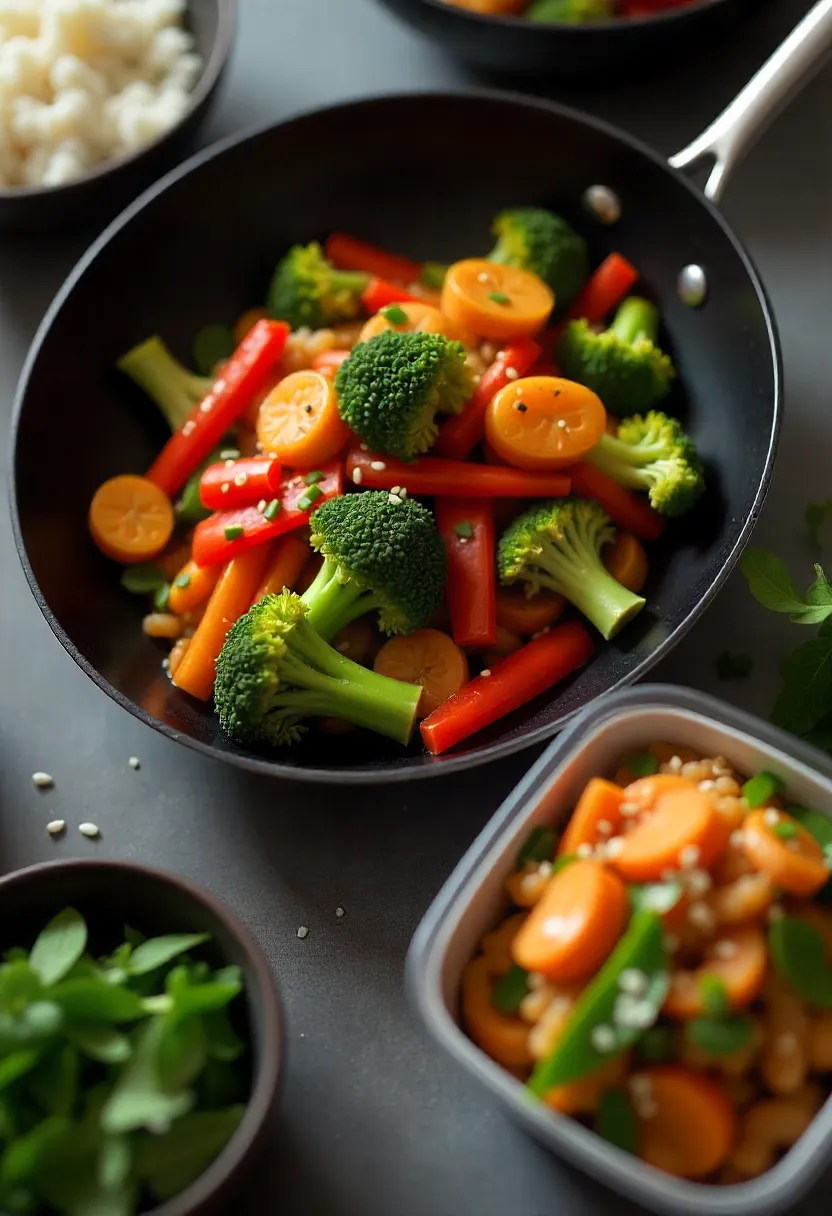 Colorful veggie stir-fry with broccoli, carrots, and peppers in soy-garlic sauce, served with rice in meal-prep containers.