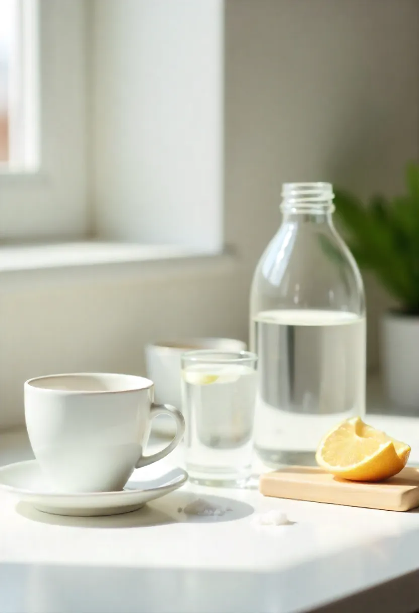 Empty water bottle beside multiple coffee cups and a sugary drink next to a glass of water, symbolizing common hydration mistakes and imbalance.