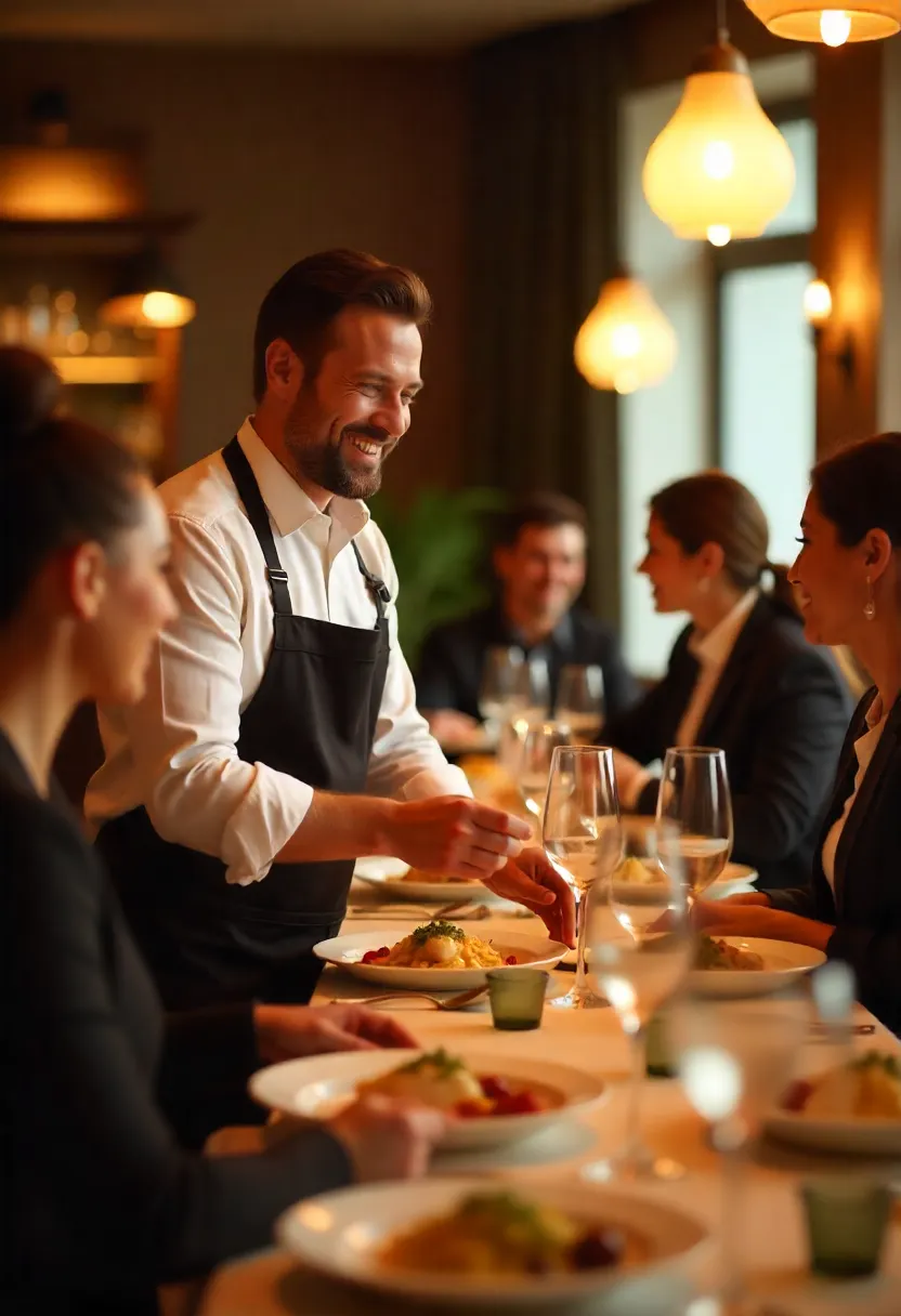 A food and beverage manager warmly engaging with guests and staff in an elegant restaurant, symbolizing connection and hospitality.
