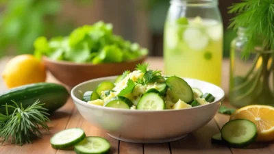 Fresh cucumber dishes on a bright table, including salads, drinks, and pickles, symbolizing refreshing and healthy cucumber recipes.
