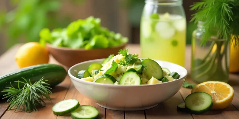 Fresh cucumber dishes on a bright table, including salads, drinks, and pickles, symbolizing refreshing and healthy cucumber recipes.