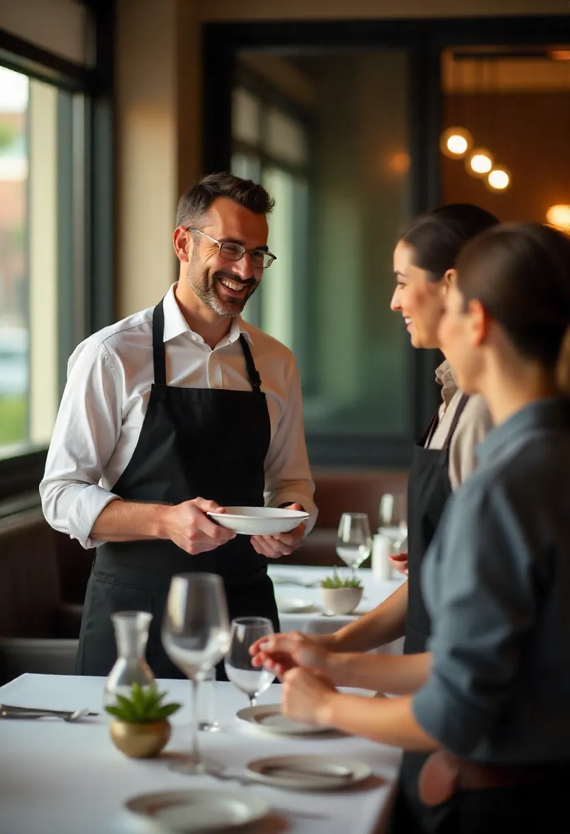 Food and beverage manager coaching restaurant staff with training materials in a fine dining setting, emphasizing leadership and professional skills.