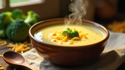 Steaming bowl of creamy broccoli cheddar soup with fresh ingredients on a cozy kitchen table.