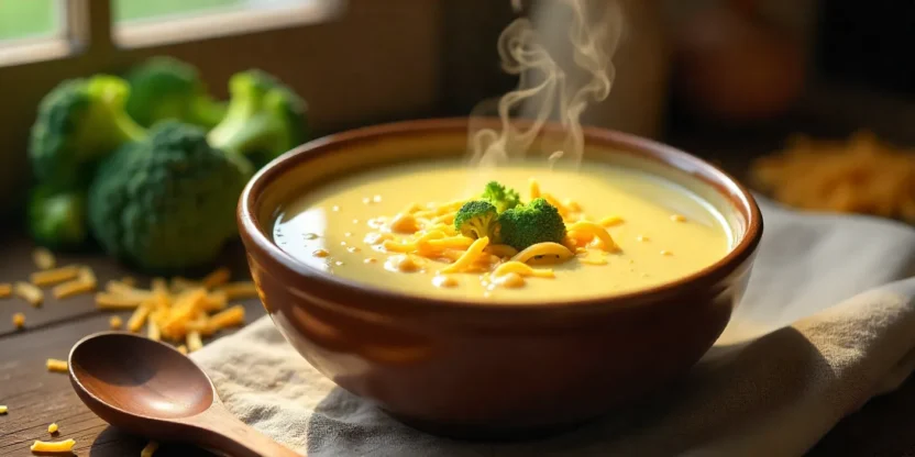 Steaming bowl of creamy broccoli cheddar soup with fresh ingredients on a cozy kitchen table.