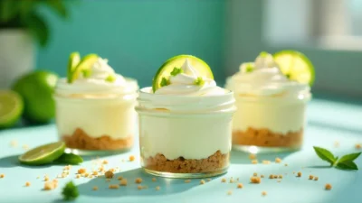 No-bake lime cheesecake cups in glass jars with whipped cream, lime zest, and slices, styled on a sunny kitchen counter.