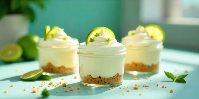 No-bake lime cheesecake cups in glass jars with whipped cream, lime zest, and slices, styled on a sunny kitchen counter.