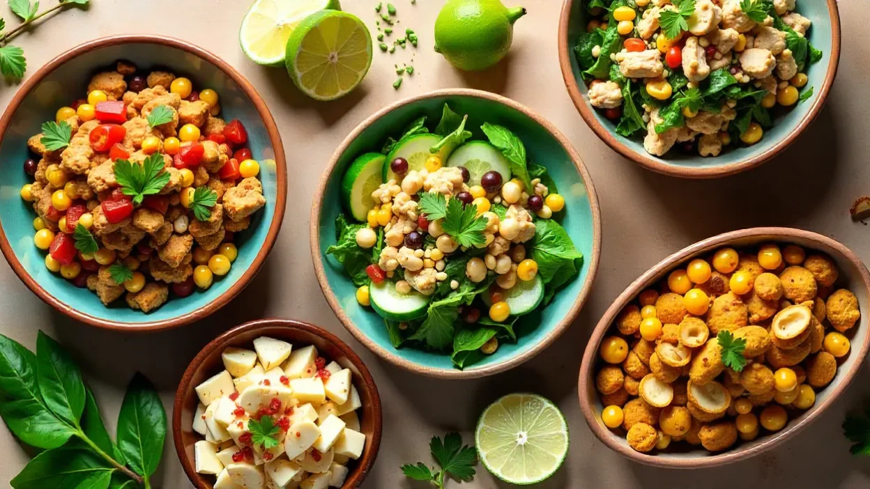 Five creative chicken salad variations in bowls: Sichuan, taco, tahini, Mexican, and curry styles, displayed on a rustic wooden table with garnishes.