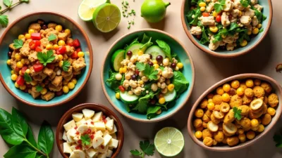 Five creative chicken salad variations in bowls: Sichuan, taco, tahini, Mexican, and curry styles, displayed on a rustic wooden table with garnishes.