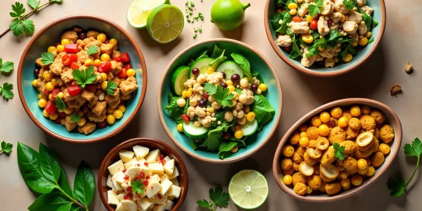 Five creative chicken salad variations in bowls: Sichuan, taco, tahini, Mexican, and curry styles, displayed on a rustic wooden table with garnishes.
