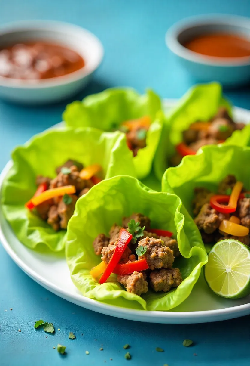 Lettuce wraps filled with cumin-spiced ground beef, peppers, and herbs, served with lime wedges and dipping sauce.