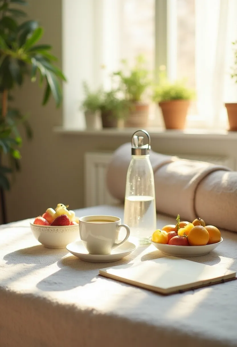 Peaceful morning scene with tea, fruit, and yoga mat, symbolizing healthy daily habits that support immunity and balance.