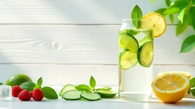 A glass water bottle and infused water with lemon, cucumber, and mint on a bright clean surface, representing healthy daily hydration.