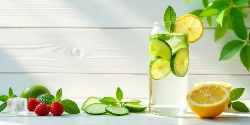 A glass water bottle and infused water with lemon, cucumber, and mint on a bright clean surface, representing healthy daily hydration.