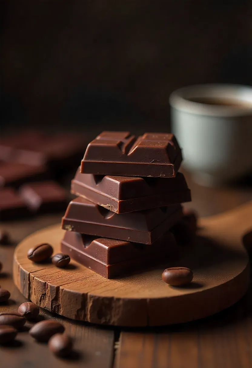 Stack of dark chocolate squares with cocoa beans on a wooden board, symbolizing antioxidants and brain-boosting benefits.