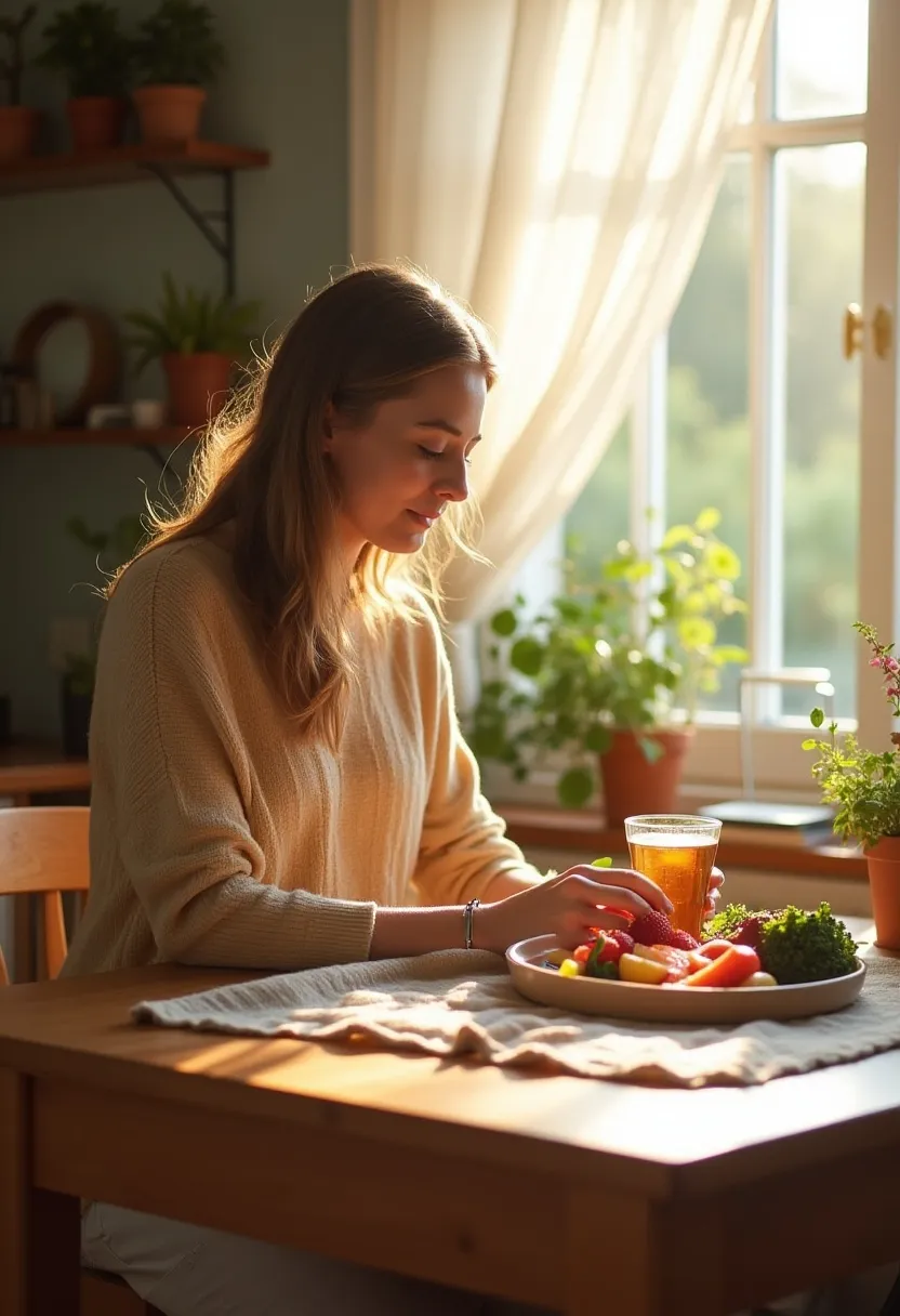 Person enjoying a colorful, healthy meal in natural light, symbolizing balance, nourishment, and a strong immune lifestyle.
