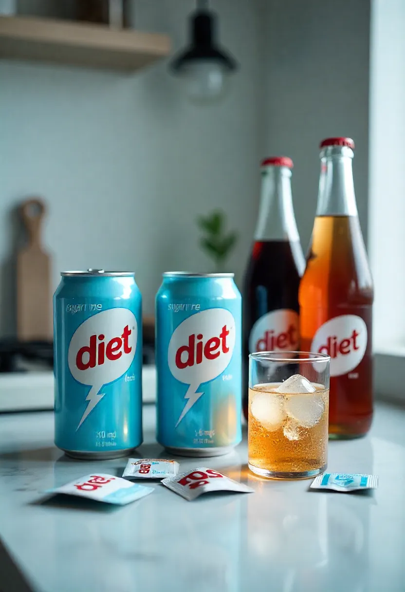 Diet soda cans and a glass of clear bubbly soda with artificial sweetener packets, with a faded brain silhouette in the background, symbolizing risks to brain health.