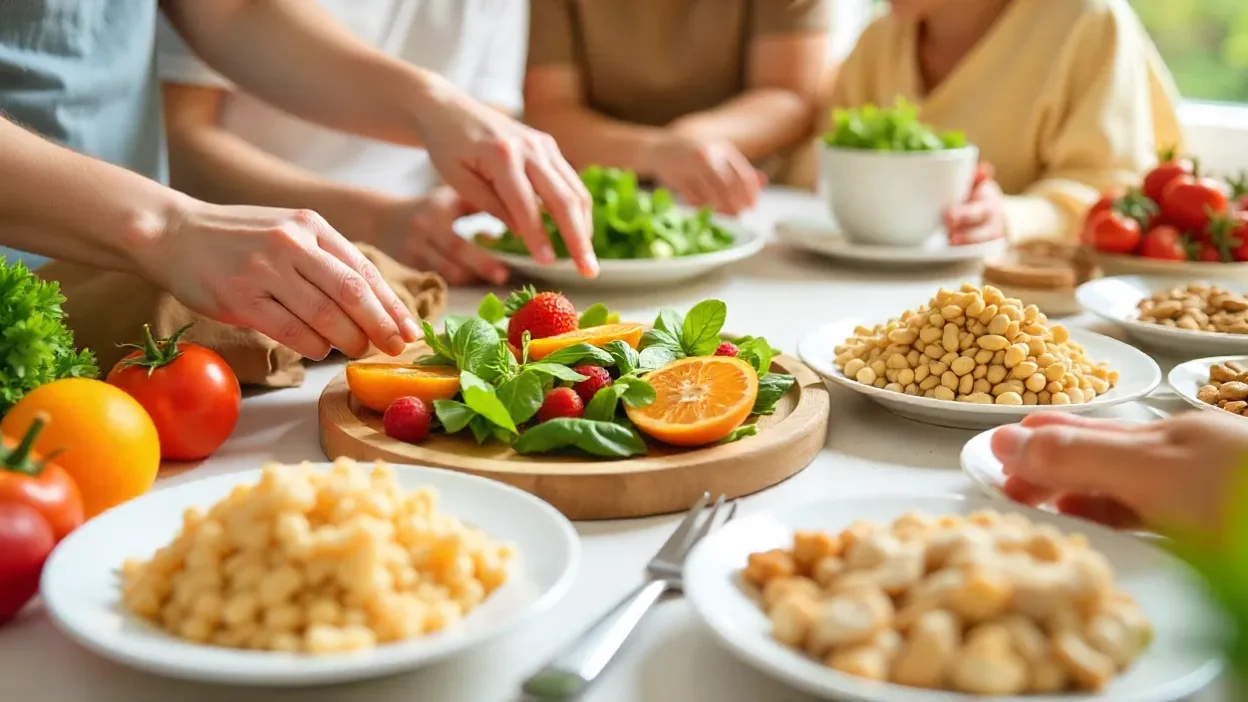 Healthy colorful foods like fruits, vegetables, grains, yogurt, and nuts arranged to symbolize nutrition for different life stages.