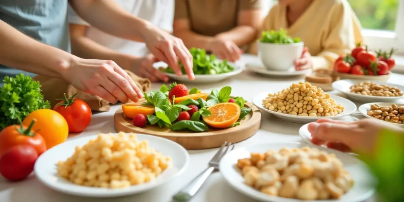 Healthy colorful foods like fruits, vegetables, grains, yogurt, and nuts arranged to symbolize nutrition for different life stages.